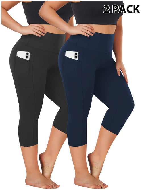 Plus Size - 2pcs Set - Plus Size High-Waisted Pocket Capri Pants - Soft Suitable for And Workouts - Elegant Style - New Spring And Summer Collection - Targeted Design