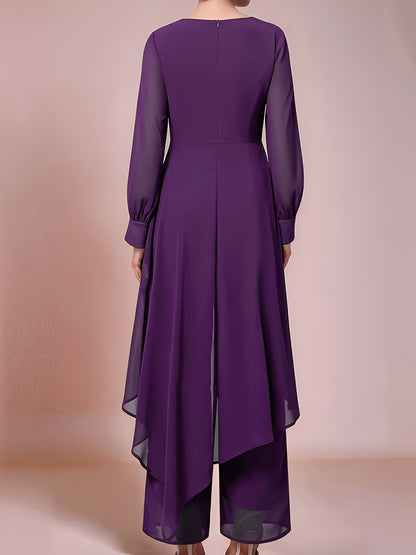 Ladies' Elegant Two-piece Set, Fashionable Chiffon Top with Flowing Sleeves, Wide-leg Pants, And Stylish Accessories - A Must-have Party Dress Pants Set for All Seasons.