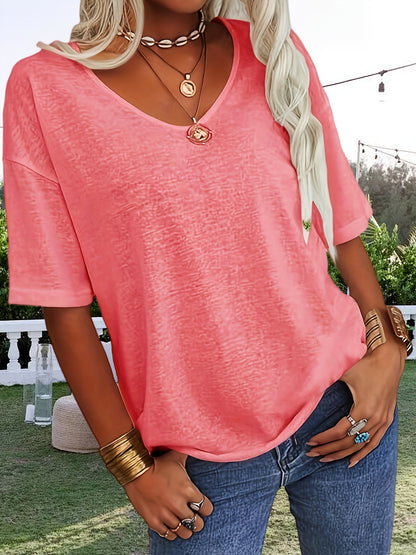 Women Fashion V-neck Half Sleeve T-shirt, Solid Color Casual Loose Basic Top