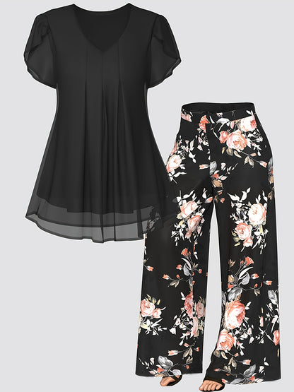 Plus Size - New Women'S Solid Color Top And Printed Pants Chiffon Fashion Style Set Top And Pants Two Piece Set