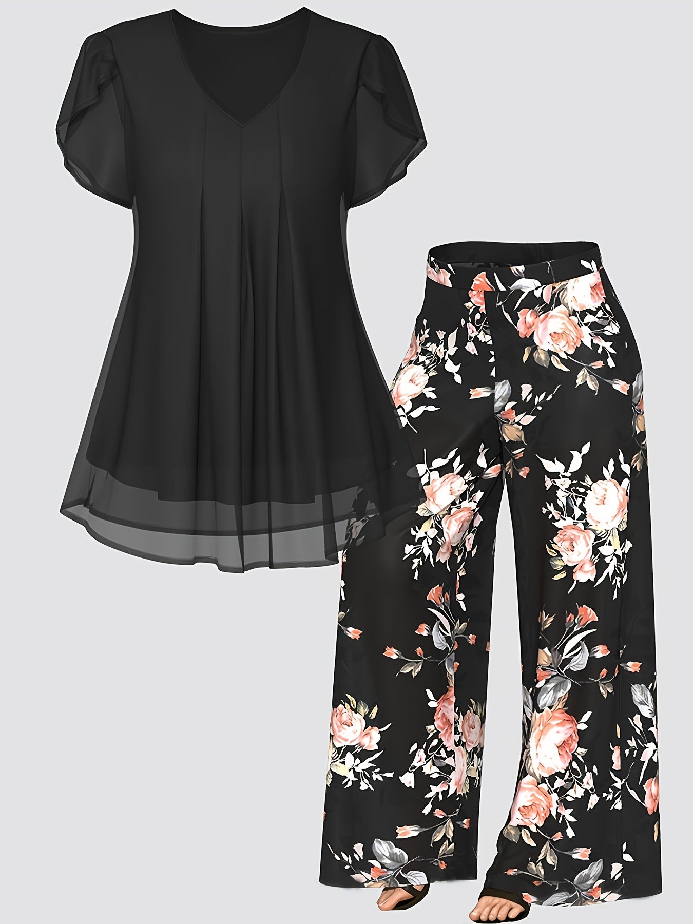 Plus Size - New Women'S Solid Color Top And Printed Pants Chiffon Fashion Style Set Top And Pants Two Piece Set