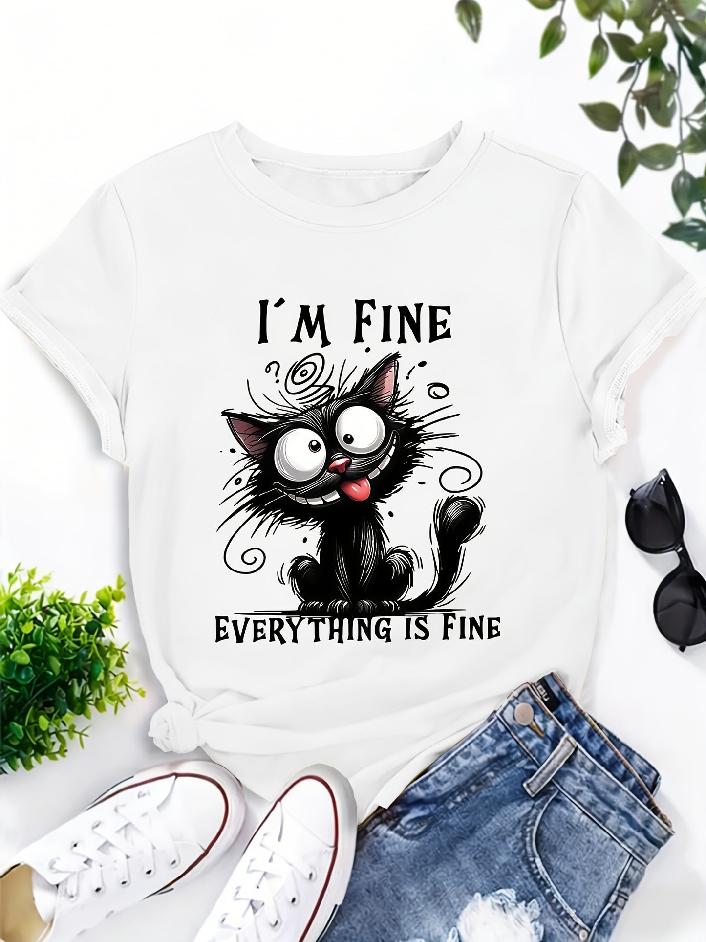 [ 70% off Special Offer]Women'S Short Sleeve T-Shirt, Fun Cat Design "I'm Fine, I'm Fine, Everything'S Fine" Cat Lover Gift Pattern Print, Elegant Sweet Cute Vacation Commuting T-Shirt, Party T-Shirt, Home Essential T-Shirt
