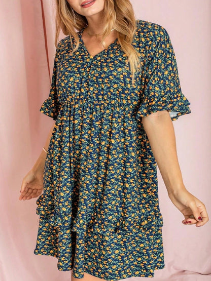Vintage Boho Navy Pink Yellow White Charcoal Floral Ruffle flutter Trim Midi Dress S-3X