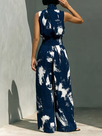 Blue & Brown Tie-Dye Print High Neck Sleeveless Top + Matching Wide-Leg Pants Women's Set | Artistic Edgy Charm, Perfect for Daily Street Style & Casual Gatherings
