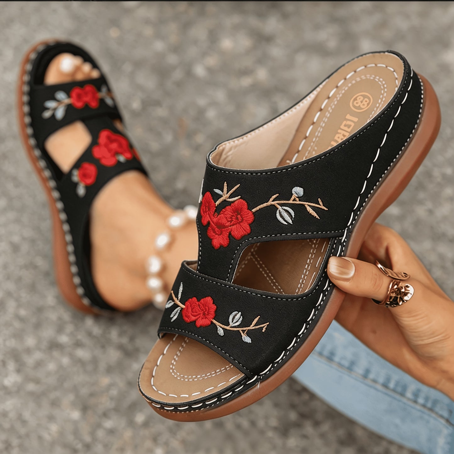 Women's Rose Embroidery Wedge Slide Sandals • Thick Sole Comfortable Casual Summer Outdoor Walking Sandals • Women Shoes for Daily Wear