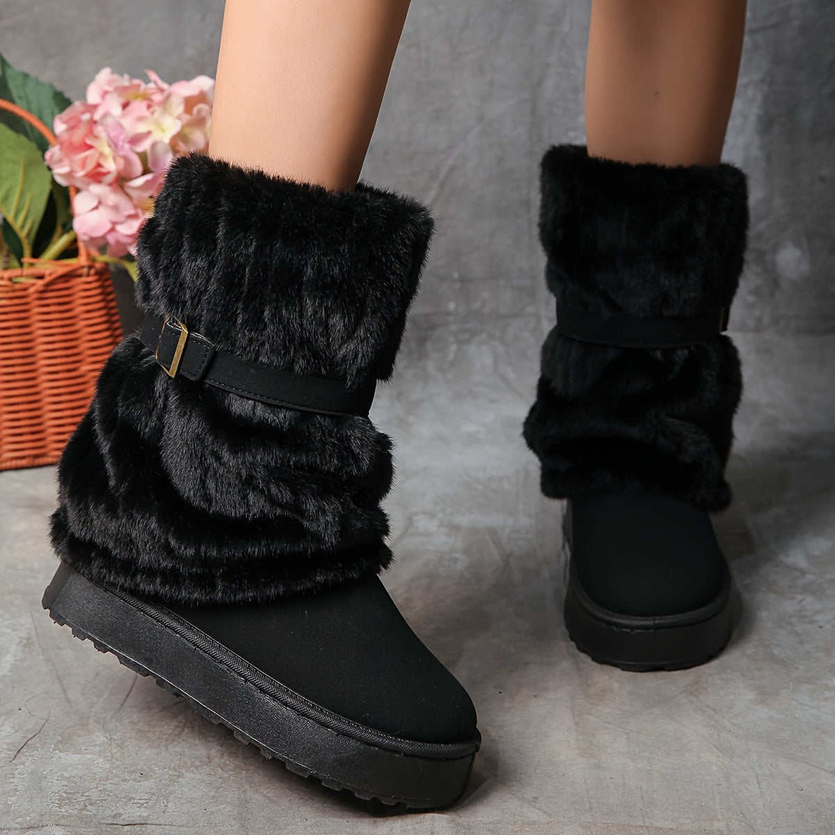 Women's Winter Warm Mid-Calf Boots Thick-Sole Style Non-Slip Rubber Sole Lining Wide-Fit Oversized Cold-Weather Footwear, Women Shoes