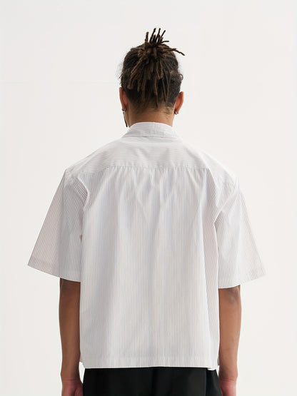 Unisex Casual Striped Shirt - Oversized, Loose Fit, Short Sleeve with Chest Patch Pocket | Lightweight Polyester Fabric | Perfect for Everyday, Beach, Party & Streetwear | Casual Attire | Chic Casual Style | Nontransparent Fabric