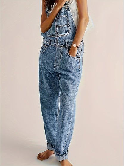 Women's Loose-fitting Straight-leg Denim Overalls Jumpsuit - Wide-leg Casual Style with Pockets, Machine Washable for Spring, Summer, And Autumn, Sizes S-XXL