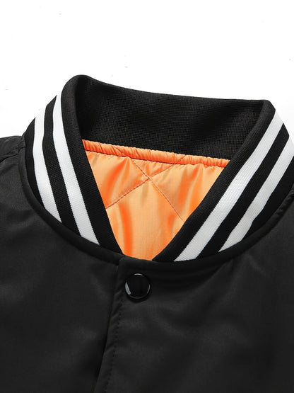 Men'S Plus Size Olive Green Varsity Jacket with Orange Accents - Thick, Warm, and Stylish for Fall/Winter, Baseball Collar, Button-Up Front, Side Pockets, Casual & Outdoor Wear, PLUS SIZE
