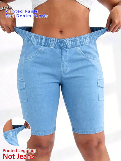【imitation denim】Printed Pants- Non Denim Fabric 2026 Spring/Summer Hot Trend Non-Denim Base Tight Shorts with Full Elasticity, Retro Print, Suitable for Commuting and, Machine Washable