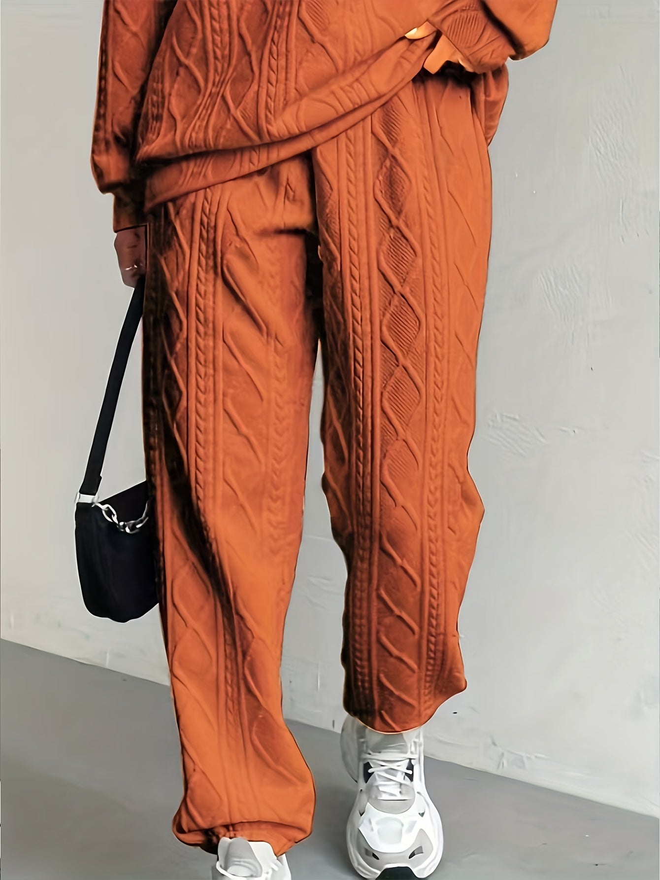 Women'S Sweatshirt Ensemble for Autumn/Winter 2025 - Featuring a Solid Color, Cable Patchwork, Long Sleeve Crew Neck Top And Cuffed Pants in a Two-Piece Outfit, Including a Pullover And Sweater, Perfect for Christmas And Fall
