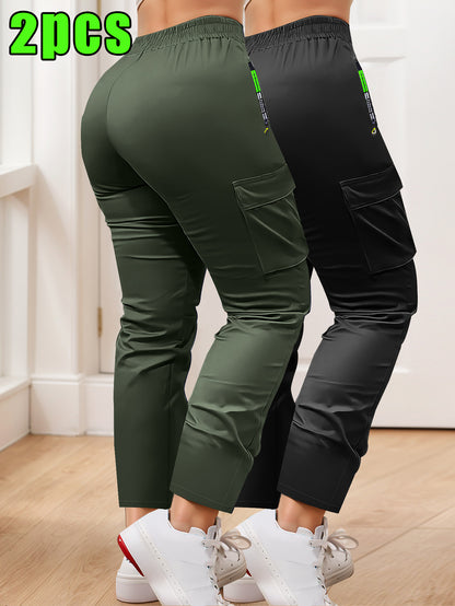 2-pack of Women'S Multi-pocket Slim Cargo Pants, Drawstring Zip Pocket Design, Straight Leg Casual Trousers, Suitable for Outdoor Sports, Everyday Wear, and Dates.
