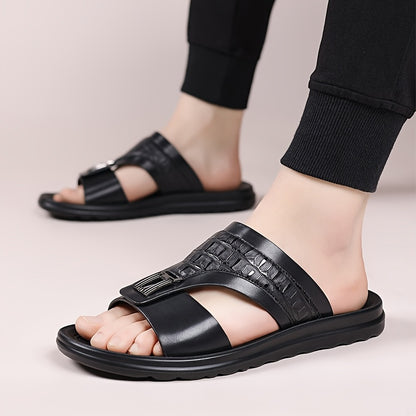 Men's Textured Slide Sandals, Crocodile-Print Straps with Metal Buckle - Minimalist Summer Shoes for Resort & Lounge