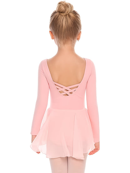 Girls' Classic Long Sleeve Ballet Leotard with Crisscross Back Detail - Stretchy Polyester Dance Dress for Parties, Birthdays & Sports Events, Perfect for Outdoor, All Seasons, Gift for Back-To-School Season, Beach Essentials