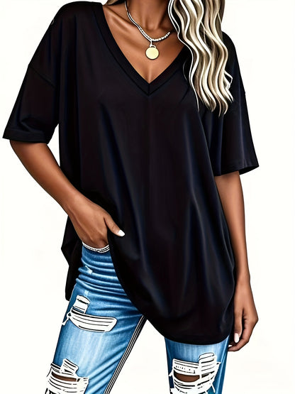 Two-Piece Set, Women'S Casual V-Neck Short-Sleeve Top- Loose Fit Stretchy T-Shirt, Solid Color, Machine Washable, Versatile And Comfortable for Spring And Autumn