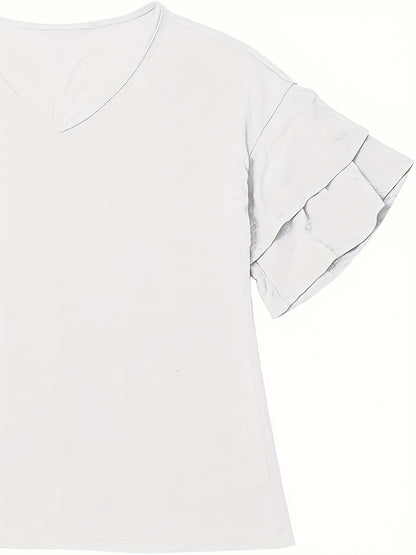 Vibrant Flare Sleeve V-Neck T-Shirt - Stylish Tiered Top with Relaxed Fit, Soft Solid Color Fabric, Perfect for Spring And Summer, Women's Casual Clothing