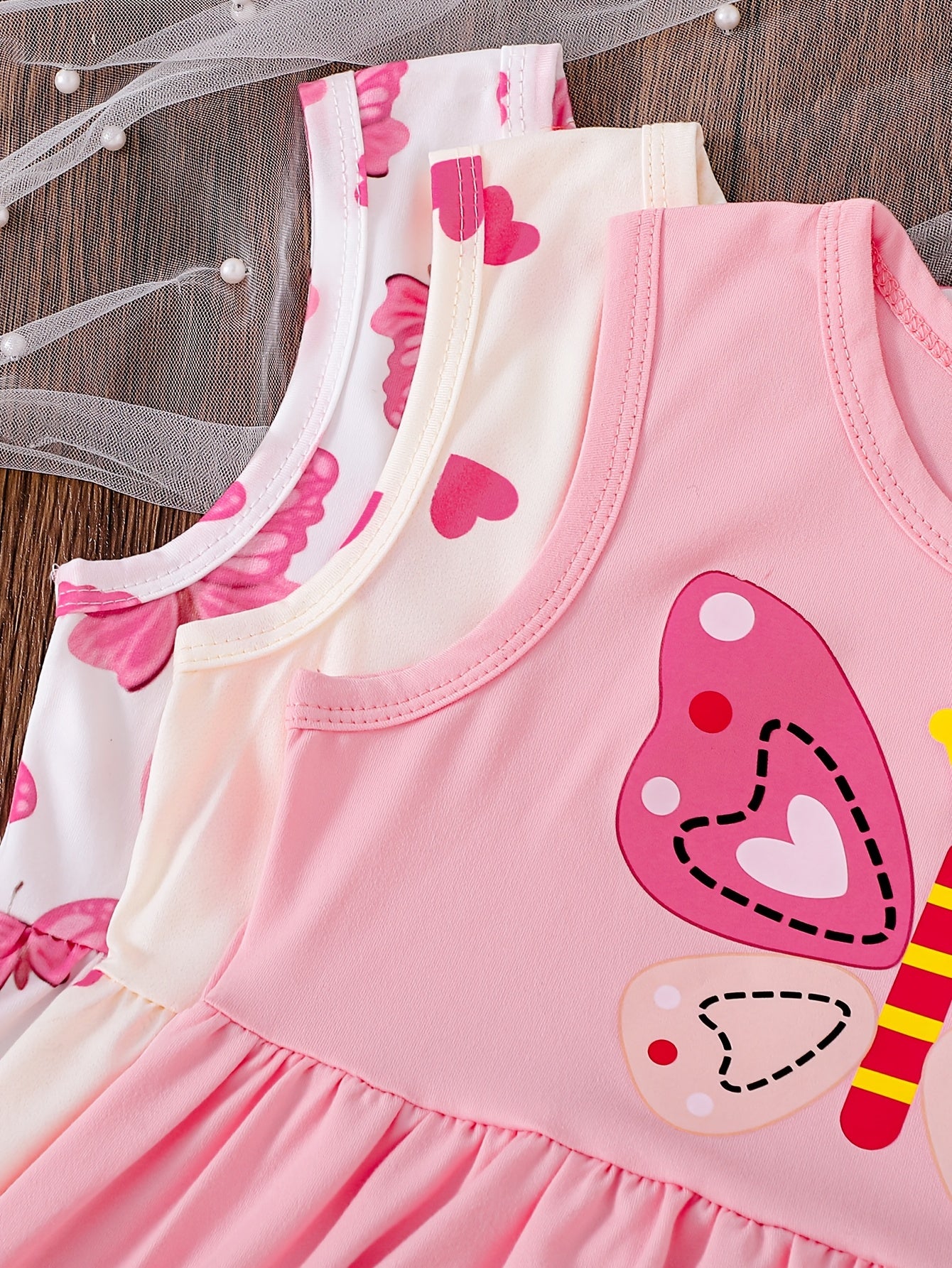 3pcs Cute Girls' Sleeveless Pink Dress Set with Butterfly And Heart Prints | Spring/Summer, Knitted Fabric, Regular Fit