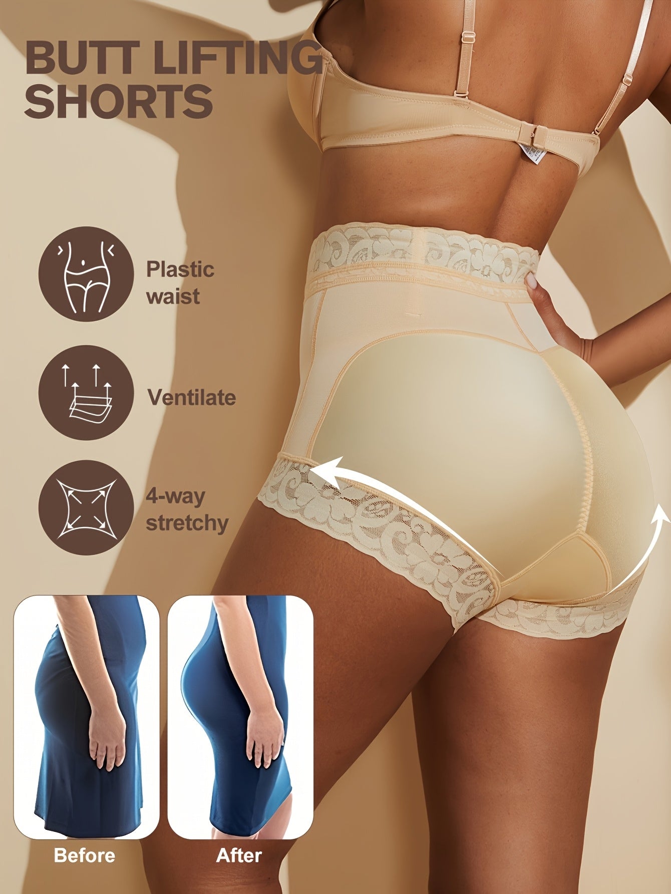 Shapewear Designed to Lift And Shape The Buttocks, Featuring Lace And Non-Slip Gel for a Flattering Silhouette.