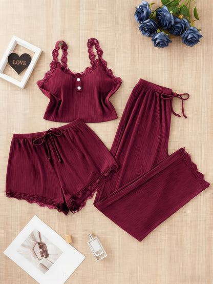 Random Delivery, 3pcs Plus Size Ladies Four Seasons Sexy Lace Suspender Home Service Suit (including Trousers, Shorts And Vest), Black-burgundy-grayish Blue, Sent Randomly.
