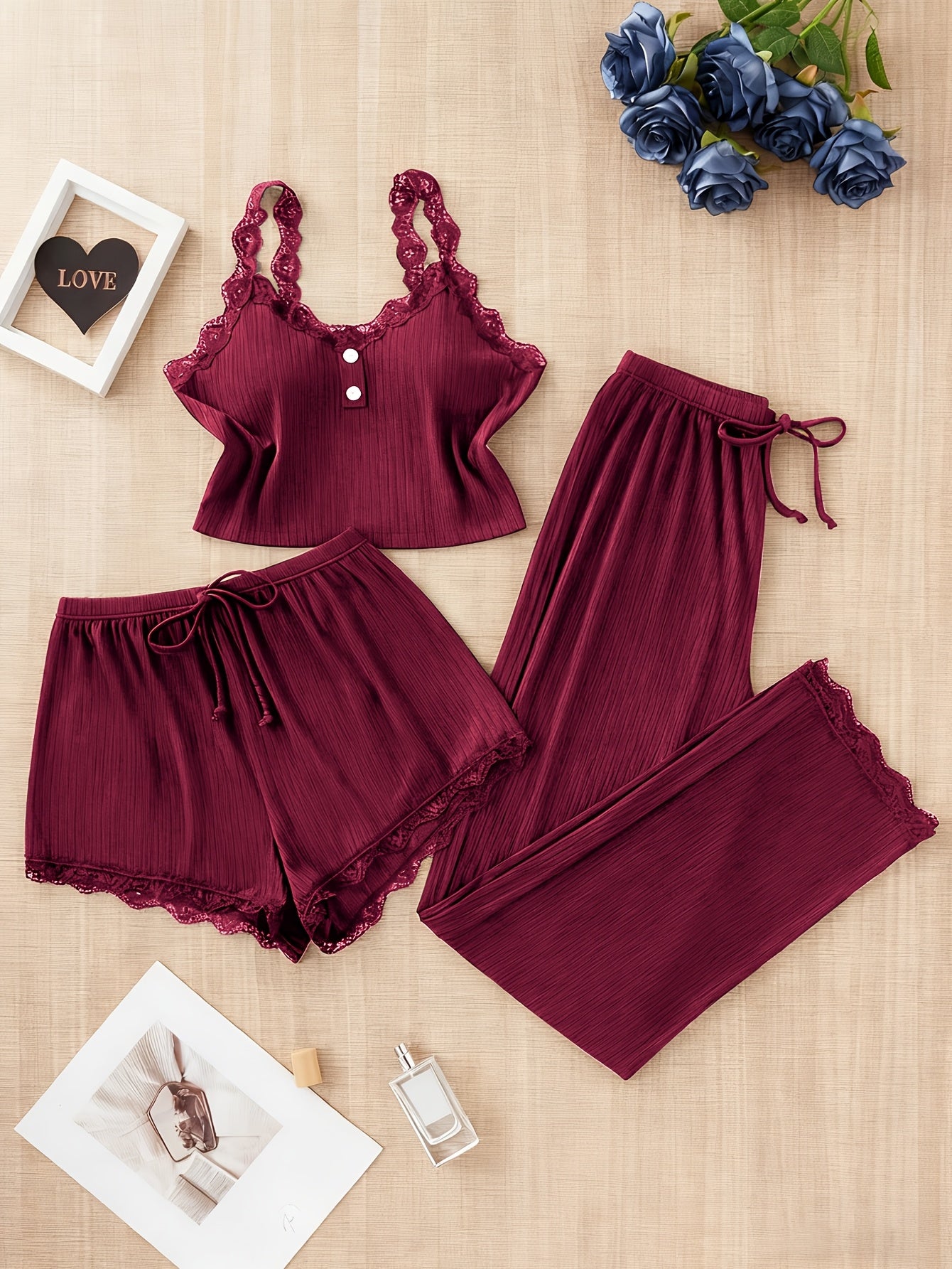 Random Delivery, 3pcs Plus Size Ladies Four Seasons Sexy Lace Suspender Home Service Suit (including Trousers, Shorts And Vest), Black-burgundy-grayish Blue, Sent Randomly.