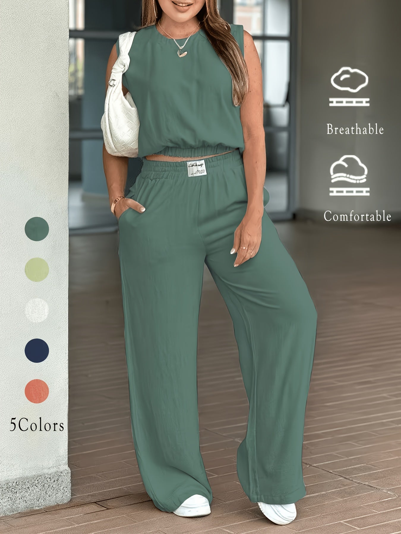 Women's Solid Color Loose Sleeveless Round Neck Wide Leg Pants Set 2pcs, Spring/Summer Casual Vibrant Cow Color Elastic Waist Straight Pants Set, Summer Comfortable Non-Formal Clothing Set