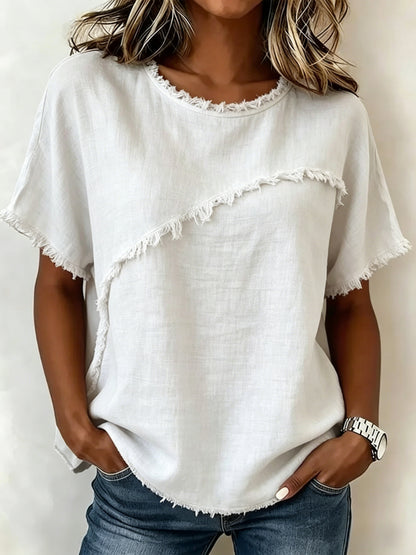 Spring/Summer 2026 New Round Neck Casual Fringed Panel Loose Short-Sleeved Top for Women