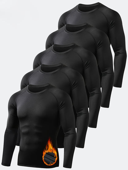 5pcs Men'S Thermal Round-Neck Shirt Set Long-Sleeve Compression Shirt Fleece-Lined Base Layer Sports Top Fitness Set, 2026, Valentine'S Day, Gifts
