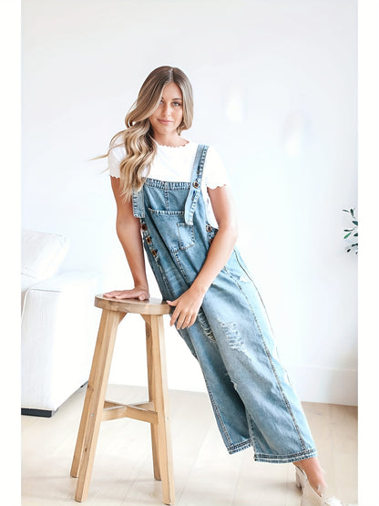Casual Denim Overalls for Women Featuring a Loose Fit, Adjustable Straps, Distressed Design, And Pockets
