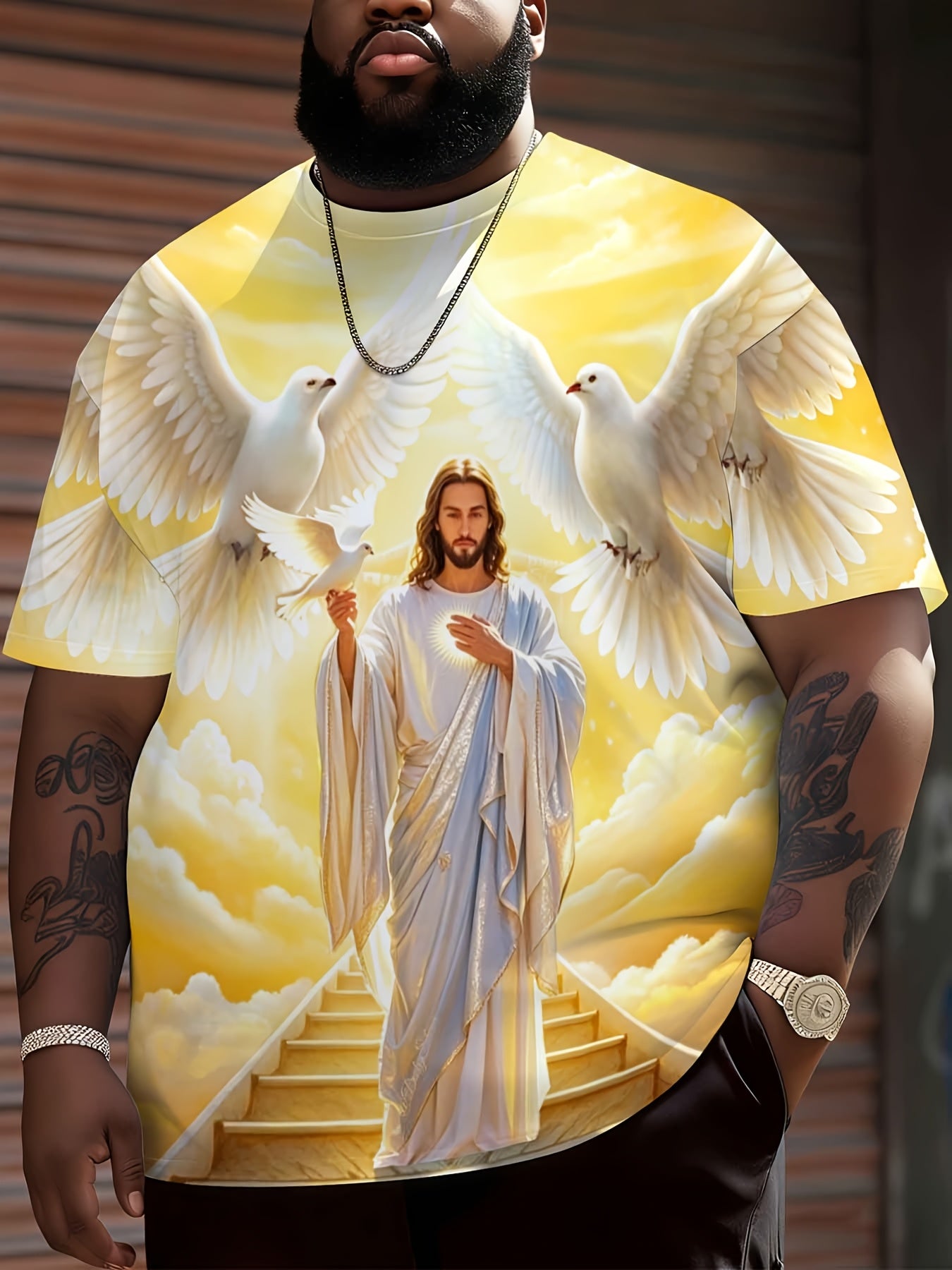 Jesus Christ With Doves And Heavenly Stairs Religious Christian T-Shirt For Men Full Print Design Faith Inspired Apparel, Plus Size