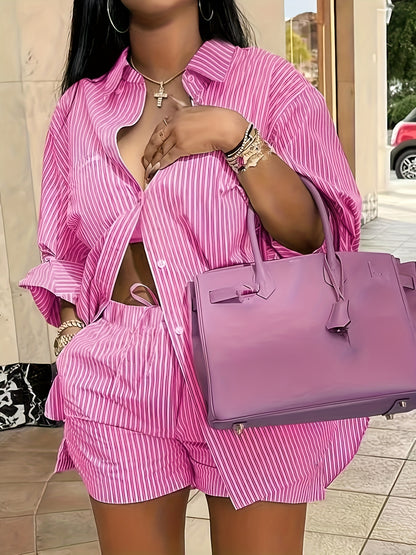 Plus Size Women's Chic Striped Print Two-Piece Set-Long Sleeve Button Shirt and Elastic Waist Shorts with Pockets, Perfect for Spring and Summer Fashion Casual Outings
