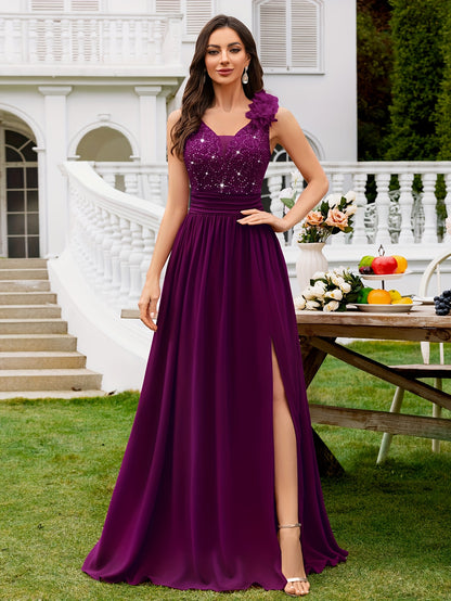 24451A Elegant Womens Mesh Deep V Neck Sequin Lace Maxi Dress, Sleeveless Applique Shoulder, Back V Neck, Ruched A Line Waist, High Thigh Slit Hem, Perfect For Formal Wedding Guest, Prom, Bridesmaid Party, Graduation Season, Wedding Season