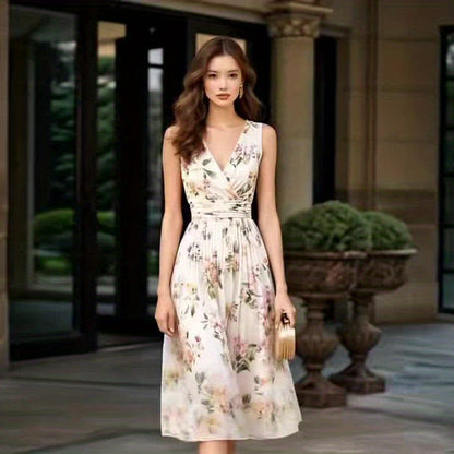 Beige Floral Chiffon V-Neck Sleeveless A-Line Midi Dress