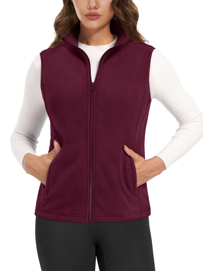 Women'S Fleece Zip Vest Lightweight Warm Sleeveless Jacket Stand Up Collar Windproof Soft Outerwear Vest with 4 Pockets Elastic Armholes for Camping Riding Office Outdoor Party Spring Fall Winter