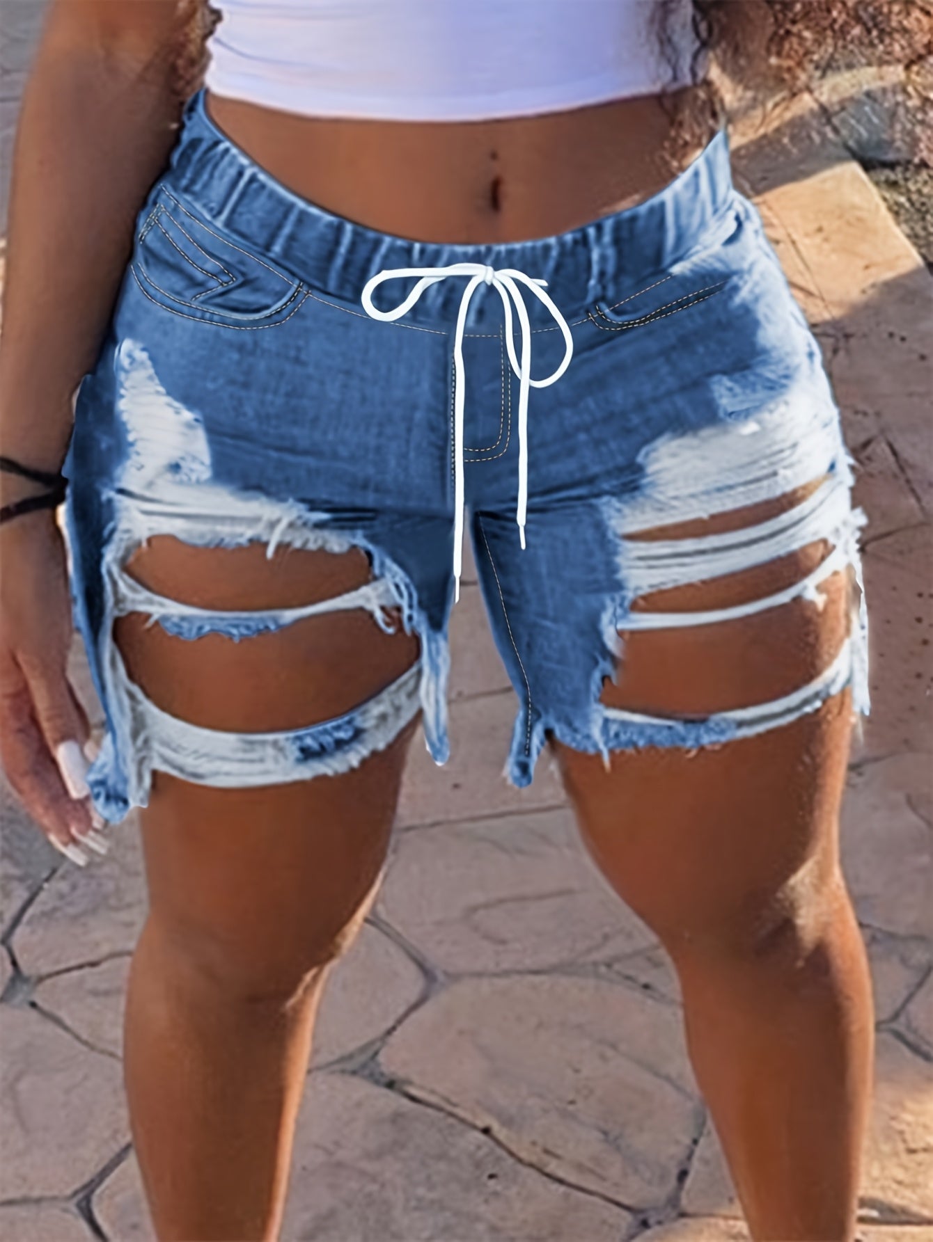 Ladies' Fashionable Ripped Denim Shorts, Mid Waist Straight Leg Pants, Waist Drawstring Design, Frayed Edges with Pockets, Summer Casual Wear