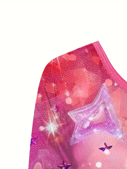 Girls' 3pcs Gymnastics Leotard Set with Stars Pattern, Long Sleeve Bodysuit & Matching Shorts - Includes Hairband, Stretchy & Breathable Fabric for Dance Training, Perfect for Outdoor, All Seasons, Gift for Back-to-School Season, Beach Essentials