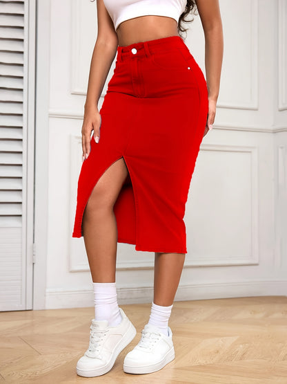 Women Red Denim Midi Skirt High Waisted Pencil Skirt Slim Fit Casual Everyday Denim Skirt with Front Slit Five Pocket Design Solid Color Classic Elegant Street Style Versatile Womens Denim Skirts for Women Knee Length Red Denim Skirts High Elastic