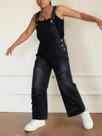 Girls' Star Embroidered Denim Overalls - Wide Leg
