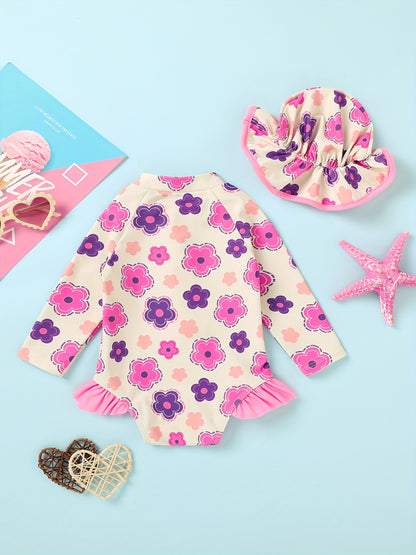 Baby Girl Swimsuit One-Piece Long Sleeved Sunscreen Suit with Hat Set Zipper Swimsuit Cute Strawberry Flower Mermaid Flamingo Beach Outfit