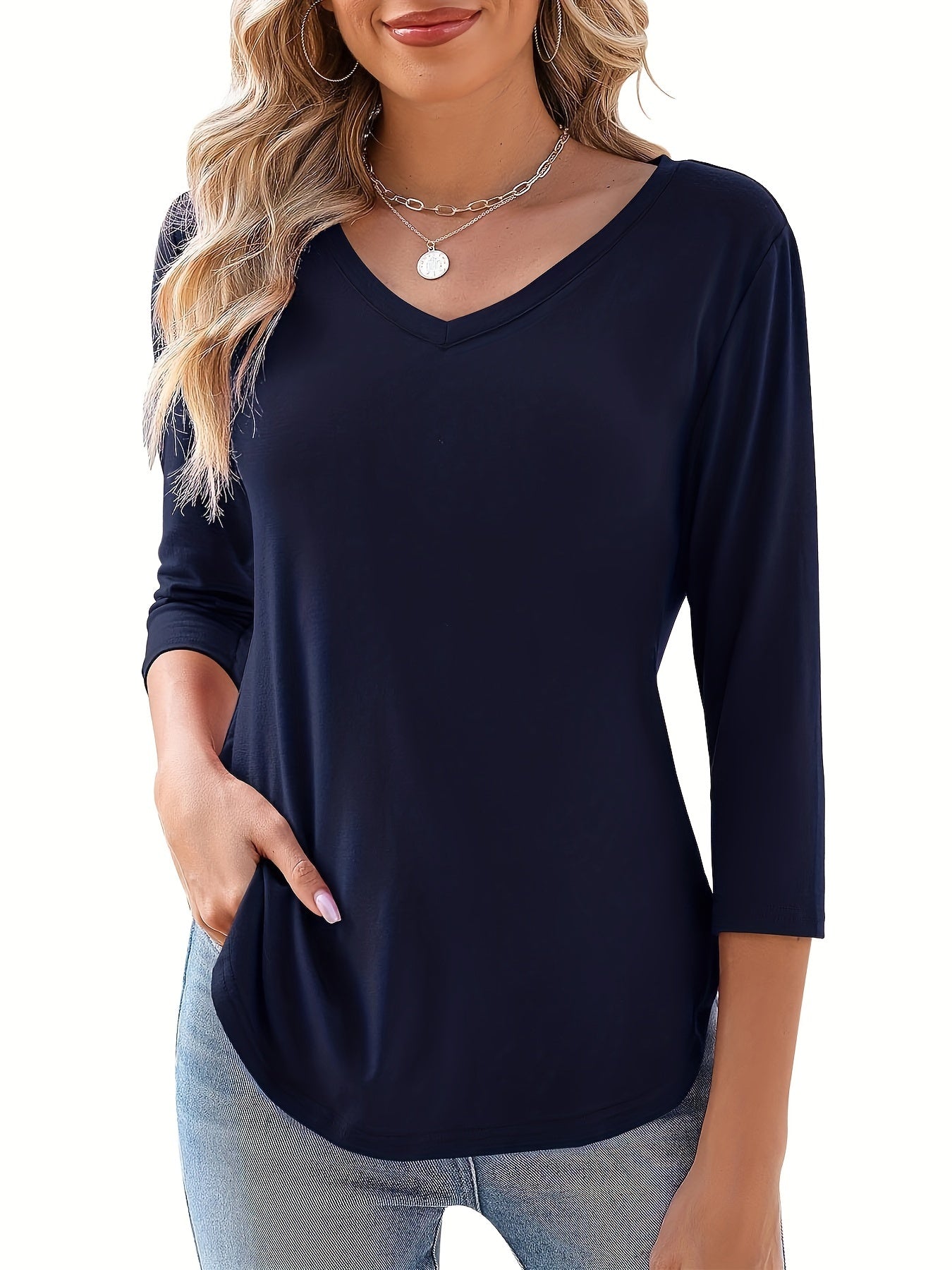 Elegant Casual Solid Color Basic Top with 3/4 Sleeves And a V-Neck for Women, Perfect for Summer