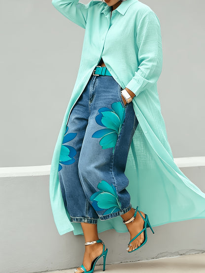Red Women's Button Maxi Shirt Dress, Casual Long Sleeve Lapel Collar Loose Fit Duster Dress, Dress Only (Pants Not Included)