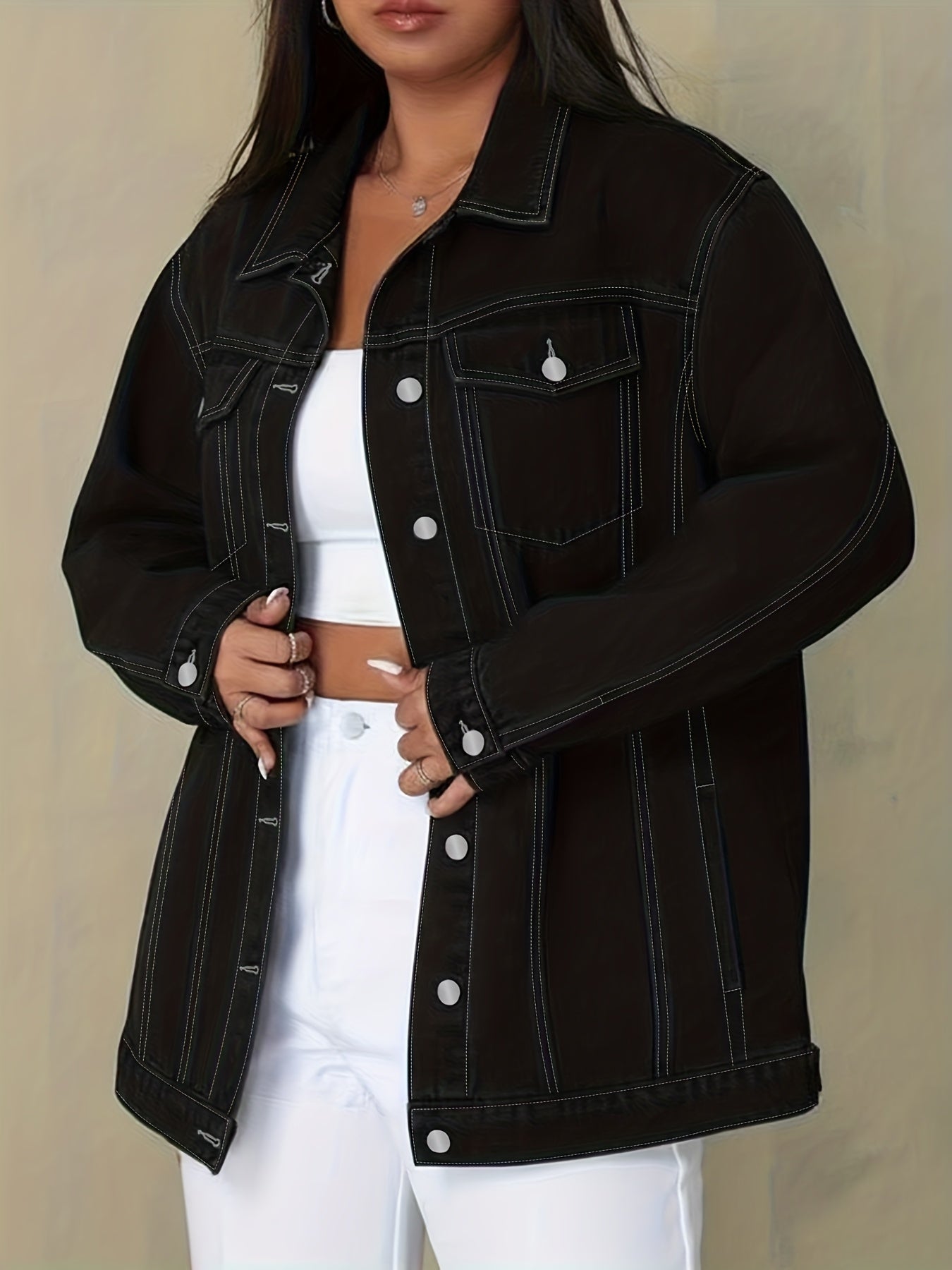 Plus Size Solid Color Collared Button-Front Denim Jacket - Women's Mature Stylish Street Casual Style Loose Fit Daily Comfortable Autumn Winter Plus Size Denim Top