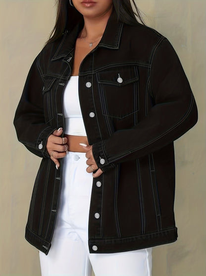 Plus Size Solid Color Collared Button-Front Denim Jacket - Women's Mature Stylish Street Casual Style Loose Fit Daily Comfortable Autumn Winter Plus Size Denim Top