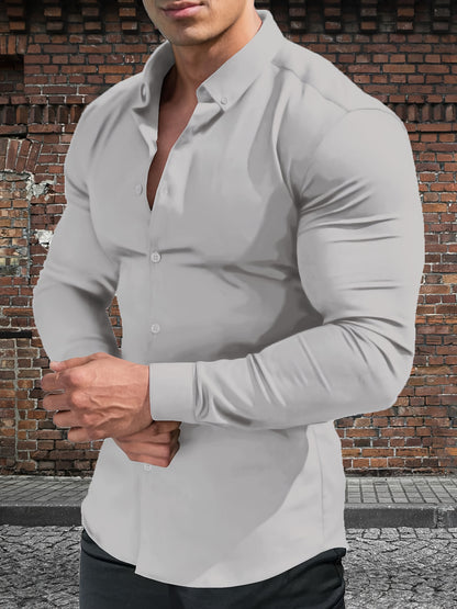 URRU Men's Muscle Fit Slim Stretch Dress Shirt - 4-Way Stretch Fabric (65% Rayon/25% Nylon/10% Spandex), Square Collar, Long Sleeve Button- Casual Shirt for All-Season Wear, Machine Washable Solid Color, Versatile Menswear, Classic Collar Design