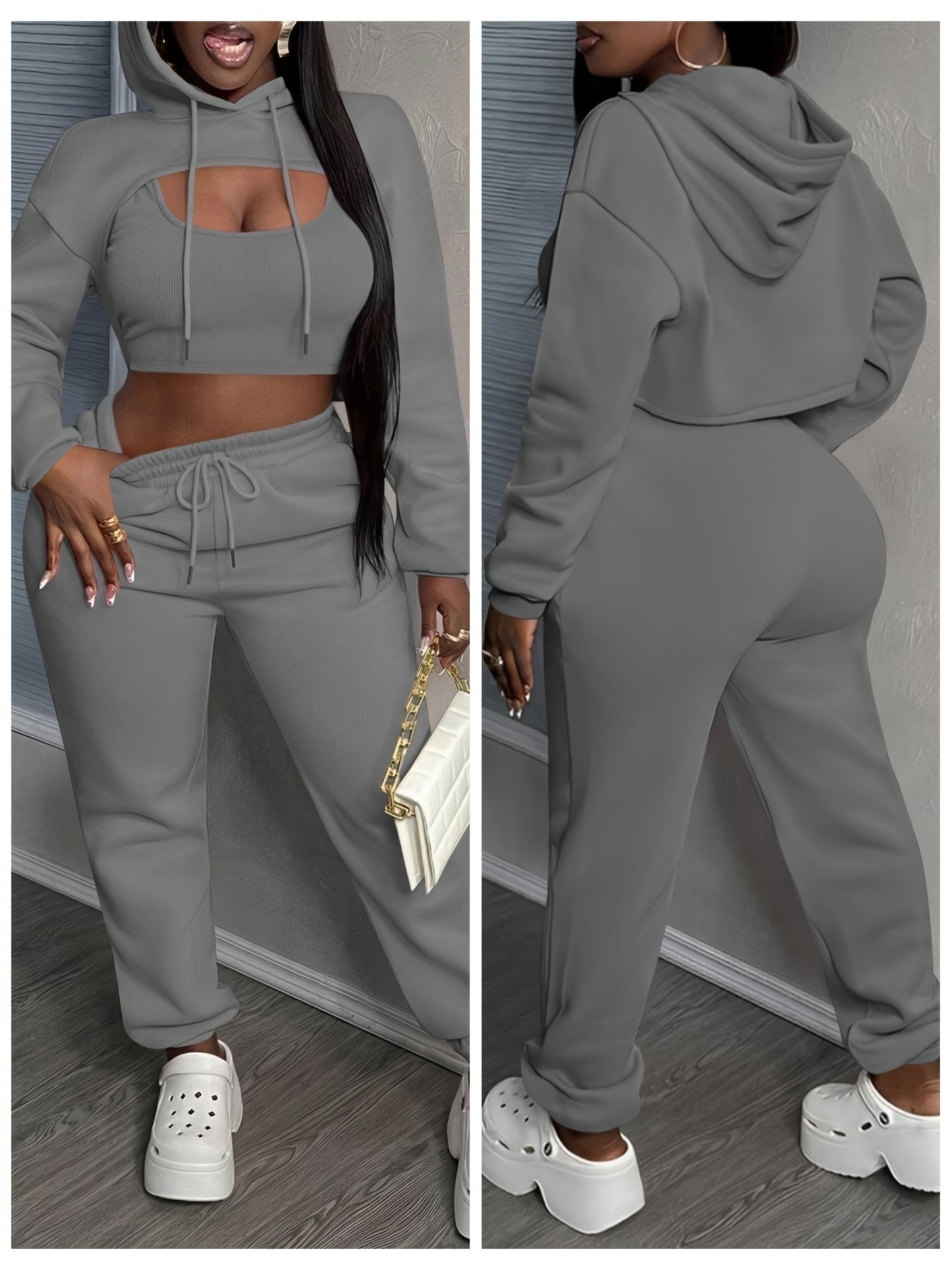 Women'S 3pcs Sweatsuits Sets Sexy Super Cropped Hoodie Tank Top And High Waisted Jogger Sweatpants Matching Loungewear Athleisure Outfits