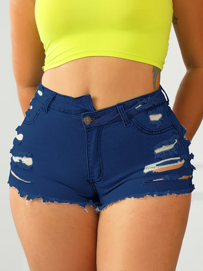 Women's Stretch Skinny Jeans Shorts - Mid-Rise Non-See-Through Denim Shorts with Distressed Hem/RIpped Details, Slim Fit Stretchy Shorts for Casual & Formal Outfits - Machine Washable Everyday Summer Shorts, Versatile Wardrobe Staple, Comfortable Fit, Fas