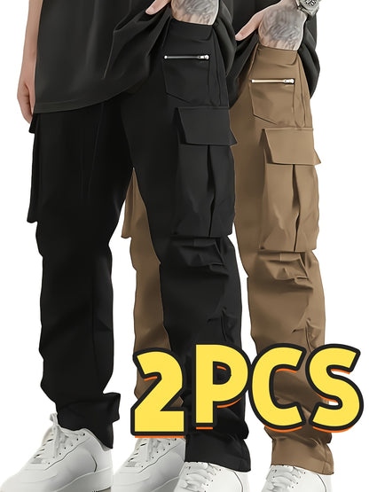 2pcs Men'S Fashion Cargo Pants, Casual Hiking Trousers, Breathable Comfortable Loose Straight Trousers with Multiple Pockets for Spring, Summer, Fall, Winter - Polyester