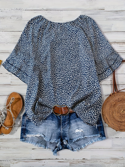 Plus Size Women's Boho Leopard Print Ruffle Sleeve Blouse - Asymmetrical Summer Top with Round Neck, Machine Washable Casual Vacation Shirt for Beach Outings & Warm Weather, Relaxed Setting Apparel, Nontransparent Fabric