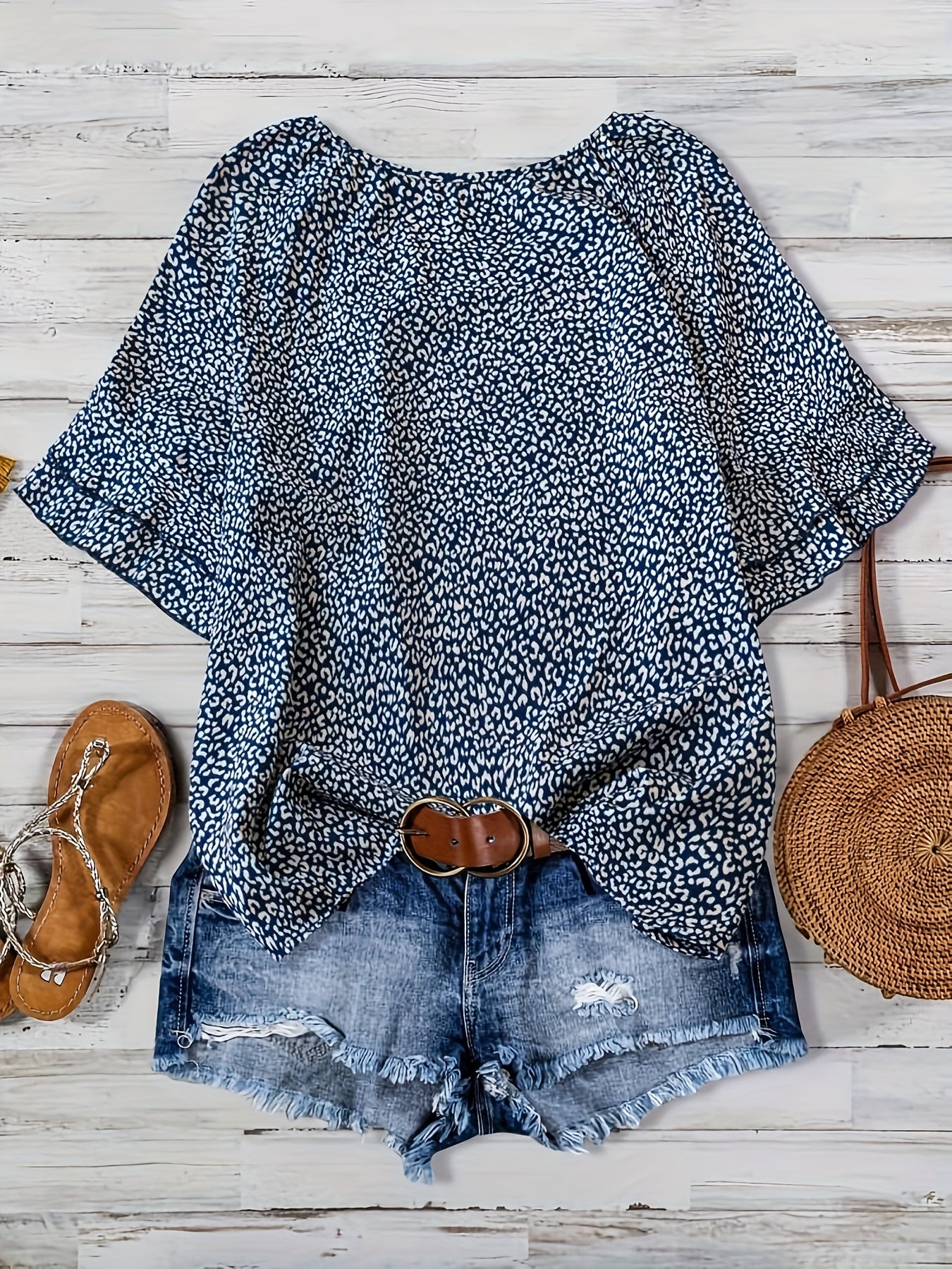 Plus Size Women's Boho Leopard Print Ruffle Sleeve Blouse - Asymmetrical Summer Top with Round Neck, Machine Washable Casual Vacation Shirt for Beach Outings & Warm Weather, Relaxed Setting Apparel, Nontransparent Fabric