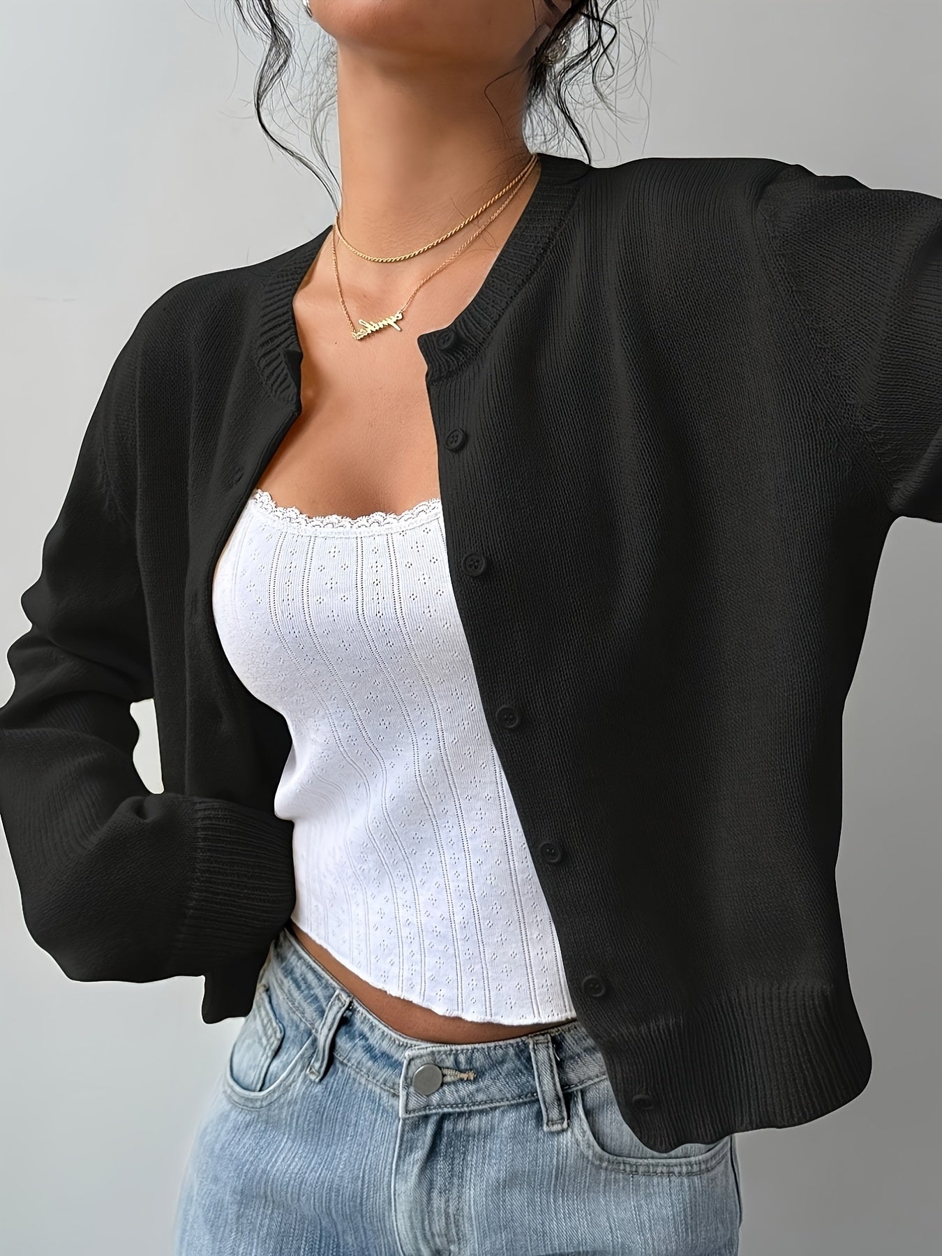 Womens Local Warehouse New Arrivals, Spring Autumn Round Neck Button Cardigan, Elegant Noble Ladies Cropped Long Sleeve Tops, Soft Slim Fit Casual Daily Outerwear, Ropa De Mujer Fashion Female Clothes Discount Promotion