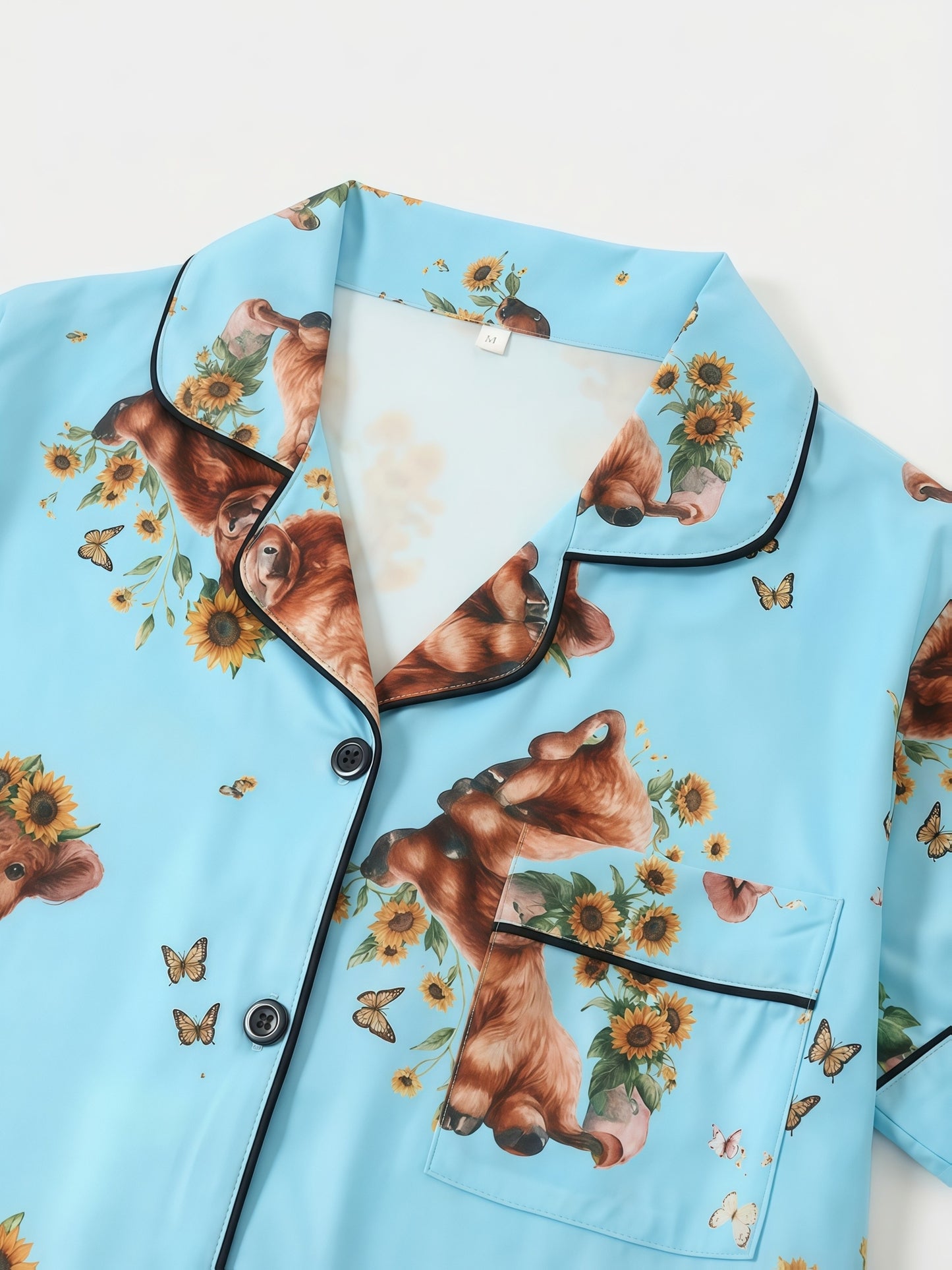 [3pcs Women's Pajama Set] 3pcs Casual Women's Pajama Set | Features A Lapel Collar, Short-sleeved Top with Button Closure, Paired with Shorts And Long Pants, Adorned with Floral And Cow Patterns. Comfortable Loungewear Suitable for All Seasons